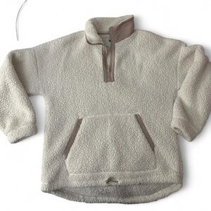 Cream and tan fleece pullover with 1/4 zip and pockets. Size small.